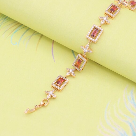 "Rose Gold Bracelet with Red Baguette Stones and Star CZ Links, XPBL0818 - Picture 1 of 12